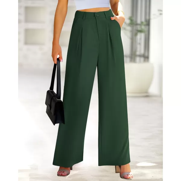 imageBTFBM Women High Waist Casual Wide Leg Long Palazzo Pants Button Down Loose Business Work Office Trousers with PocketsSolid Dark Green