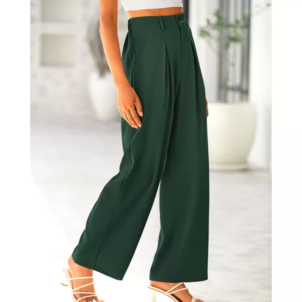 imageBTFBM Women High Waist Casual Wide Leg Long Palazzo Pants Button Down Loose Business Work Office Trousers with PocketsSolid Dark Green