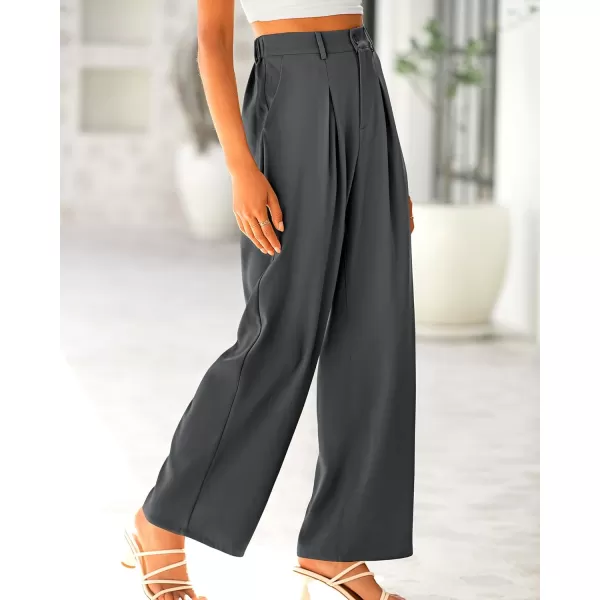 imageBTFBM Women High Waist Casual Wide Leg Long Palazzo Pants Button Down Loose Business Work Office Trousers with PocketsSolid Dark Grey