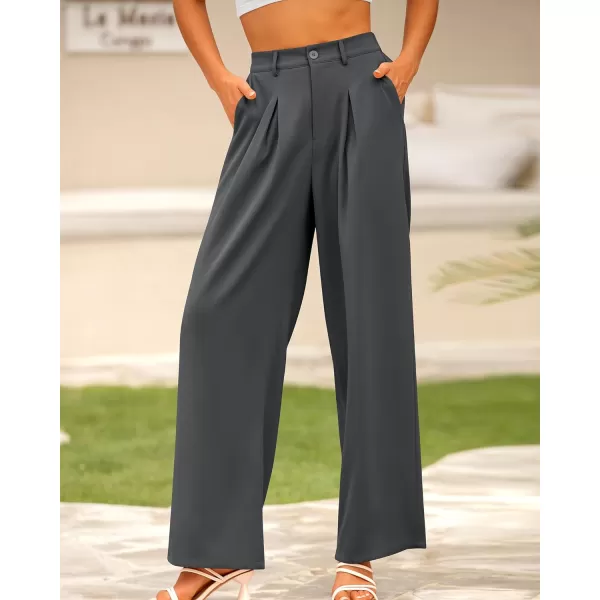 imageBTFBM Women High Waist Casual Wide Leg Long Palazzo Pants Button Down Loose Business Work Office Trousers with PocketsSolid Dark Grey