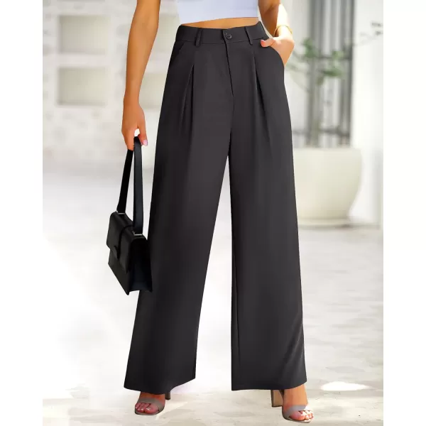 imageBTFBM Women High Waist Casual Wide Leg Long Palazzo Pants Button Down Loose Business Work Office Trousers with PocketsSolid Dark Grey