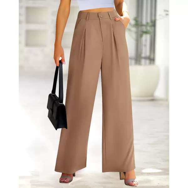 imageBTFBM Women High Waist Casual Wide Leg Long Palazzo Pants Button Down Loose Business Work Office Trousers with PocketsSolid Khaki