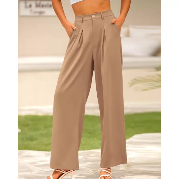 imageBTFBM Women High Waist Casual Wide Leg Long Palazzo Pants Button Down Loose Business Work Office Trousers with PocketsSolid Khaki