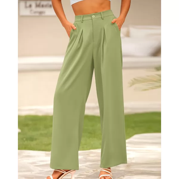 imageBTFBM Women High Waist Casual Wide Leg Long Palazzo Pants Button Down Loose Business Work Office Trousers with PocketsSolid Light Green