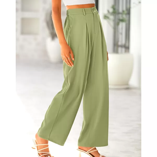 imageBTFBM Women High Waist Casual Wide Leg Long Palazzo Pants Button Down Loose Business Work Office Trousers with PocketsSolid Light Green