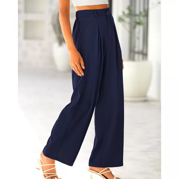 imageBTFBM Women High Waist Casual Wide Leg Long Palazzo Pants Button Down Loose Business Work Office Trousers with PocketsSolid Navy