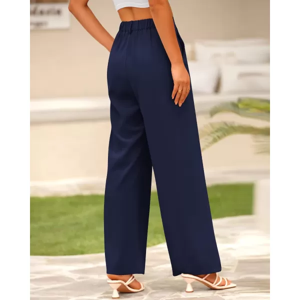 imageBTFBM Women High Waist Casual Wide Leg Long Palazzo Pants Button Down Loose Business Work Office Trousers with PocketsSolid Navy