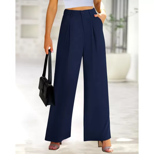imageBTFBM Women High Waist Casual Wide Leg Long Palazzo Pants Button Down Loose Business Work Office Trousers with PocketsSolid Navy