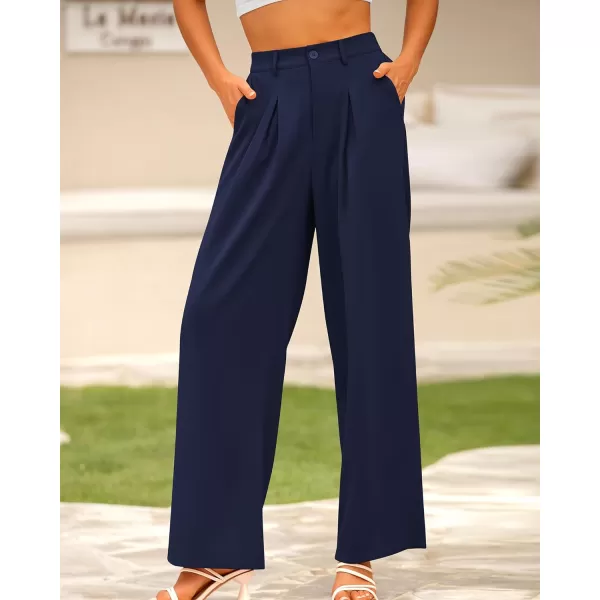 imageBTFBM Women High Waist Casual Wide Leg Long Palazzo Pants Button Down Loose Business Work Office Trousers with PocketsSolid Navy
