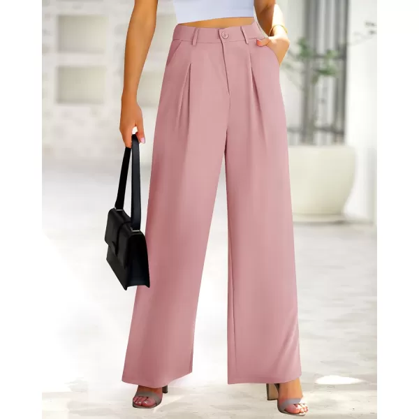 imageBTFBM Women High Waist Casual Wide Leg Long Palazzo Pants Button Down Loose Business Work Office Trousers with PocketsSolid Pink