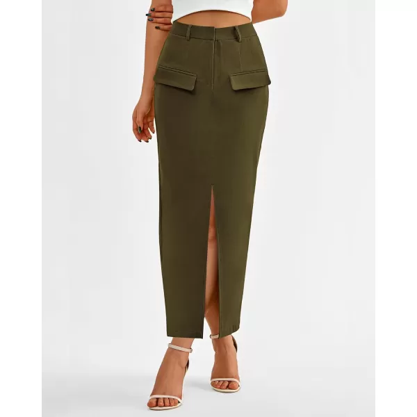 imageBTFBM Women High Waisted Maxi Skirt Trendy Summer Slim Business Casual Dresses Decorative Pocket Long Skirts with SlitSolid Army Green