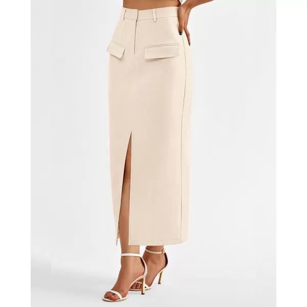 imageBTFBM Women High Waisted Maxi Skirt Trendy Summer Slim Business Casual Dresses Decorative Pocket Long Skirts with SlitSolid Beige