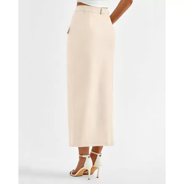 imageBTFBM Women High Waisted Maxi Skirt Trendy Summer Slim Business Casual Dresses Decorative Pocket Long Skirts with SlitSolid Beige
