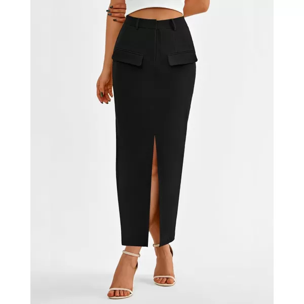 imageBTFBM Women High Waisted Maxi Skirt Trendy Summer Slim Business Casual Dresses Decorative Pocket Long Skirts with SlitSolid Black