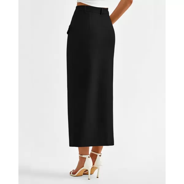 imageBTFBM Women High Waisted Maxi Skirt Trendy Summer Slim Business Casual Dresses Decorative Pocket Long Skirts with SlitSolid Black