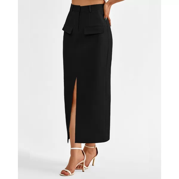 imageBTFBM Women High Waisted Maxi Skirt Trendy Summer Slim Business Casual Dresses Decorative Pocket Long Skirts with SlitSolid Black
