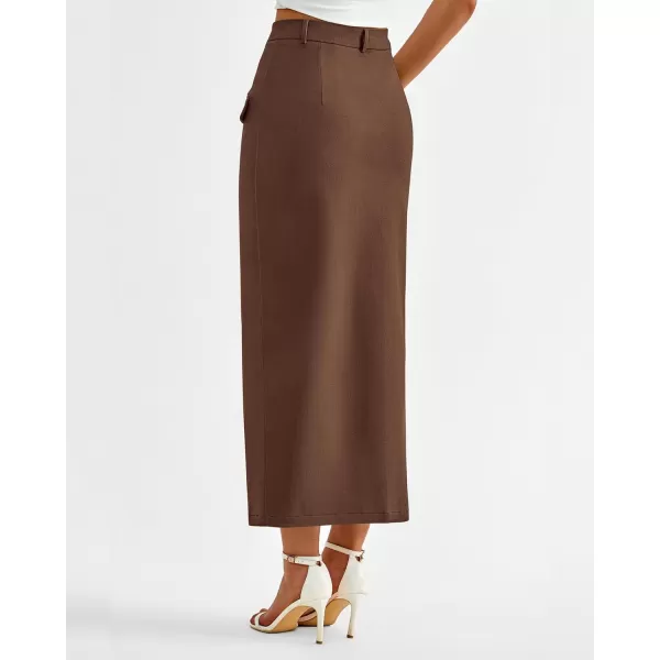 imageBTFBM Women High Waisted Maxi Skirt Trendy Summer Slim Business Casual Dresses Decorative Pocket Long Skirts with SlitSolid Brown