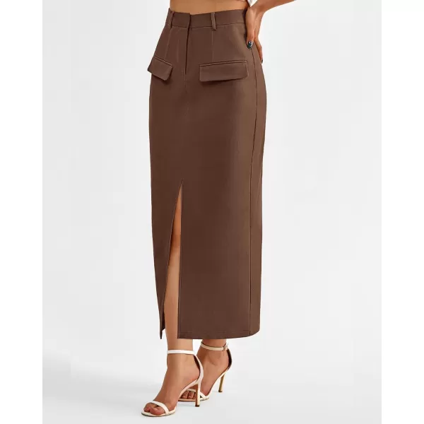 imageBTFBM Women High Waisted Maxi Skirt Trendy Summer Slim Business Casual Dresses Decorative Pocket Long Skirts with SlitSolid Brown