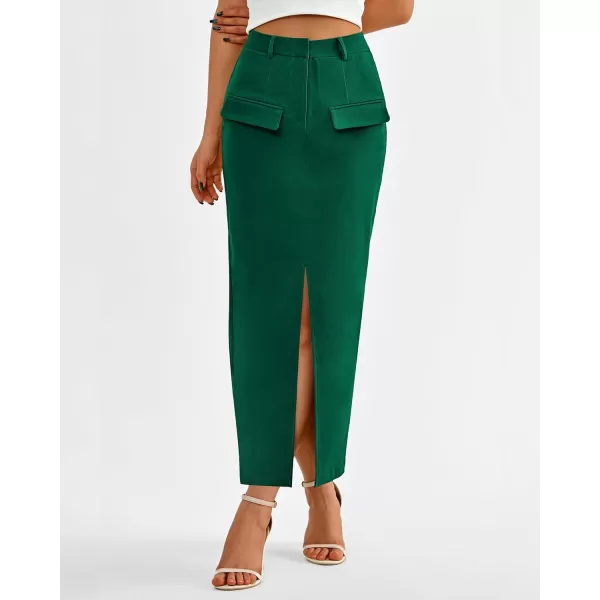 imageBTFBM Women High Waisted Maxi Skirt Trendy Summer Slim Business Casual Dresses Decorative Pocket Long Skirts with SlitSolid Dark Green