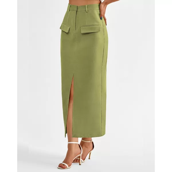 imageBTFBM Women High Waisted Maxi Skirt Trendy Summer Slim Business Casual Dresses Decorative Pocket Long Skirts with SlitSolid Grass Green