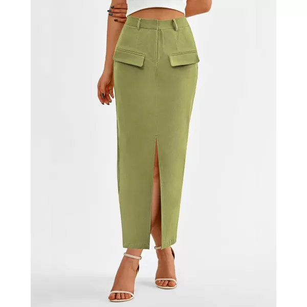 imageBTFBM Women High Waisted Maxi Skirt Trendy Summer Slim Business Casual Dresses Decorative Pocket Long Skirts with SlitSolid Grass Green
