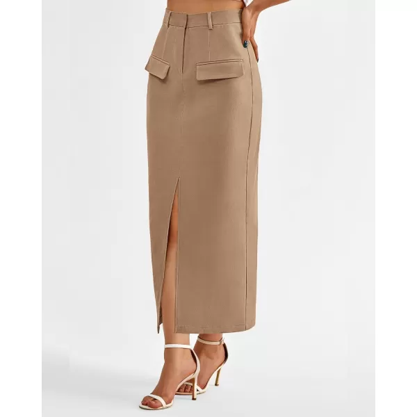 imageBTFBM Women High Waisted Maxi Skirt Trendy Summer Slim Business Casual Dresses Decorative Pocket Long Skirts with SlitSolid Khaki