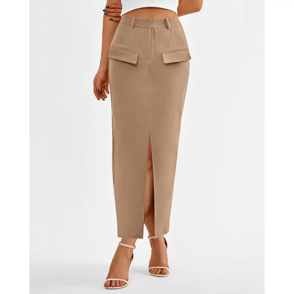 imageBTFBM Women High Waisted Maxi Skirt Trendy Summer Slim Business Casual Dresses Decorative Pocket Long Skirts with SlitSolid Khaki