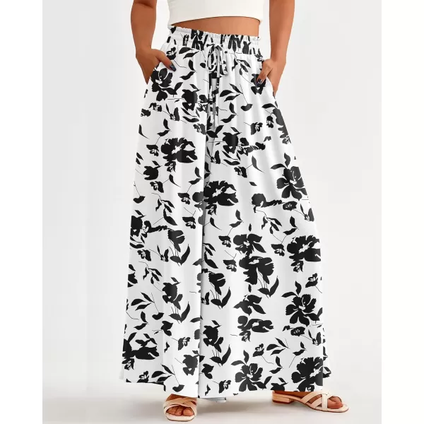 imageBTFBM Women High Waisted Wide Leg Pants Summer Casual Flowy Lounge Palazzo Pants Floral Solid Beach Trousers with PocketPrint Black