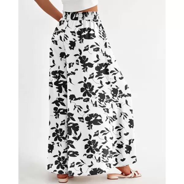 imageBTFBM Women High Waisted Wide Leg Pants Summer Casual Flowy Lounge Palazzo Pants Floral Solid Beach Trousers with PocketPrint Black