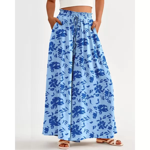 imageBTFBM Women High Waisted Wide Leg Pants Summer Casual Flowy Lounge Palazzo Pants Floral Solid Beach Trousers with PocketPrint Blue