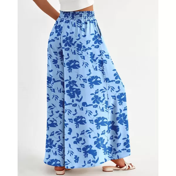 imageBTFBM Women High Waisted Wide Leg Pants Summer Casual Flowy Lounge Palazzo Pants Floral Solid Beach Trousers with PocketPrint Blue