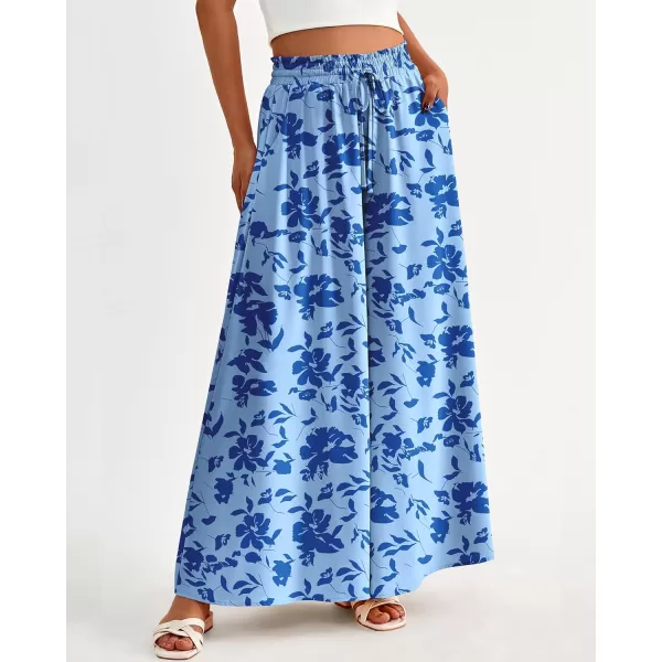 imageBTFBM Women High Waisted Wide Leg Pants Summer Casual Flowy Lounge Palazzo Pants Floral Solid Beach Trousers with PocketPrint Blue