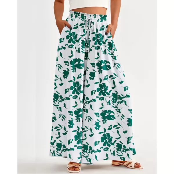 imageBTFBM Women High Waisted Wide Leg Pants Summer Casual Flowy Lounge Palazzo Pants Floral Solid Beach Trousers with PocketPrint Green