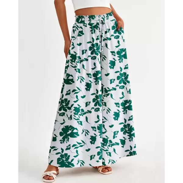 imageBTFBM Women High Waisted Wide Leg Pants Summer Casual Flowy Lounge Palazzo Pants Floral Solid Beach Trousers with PocketPrint Green