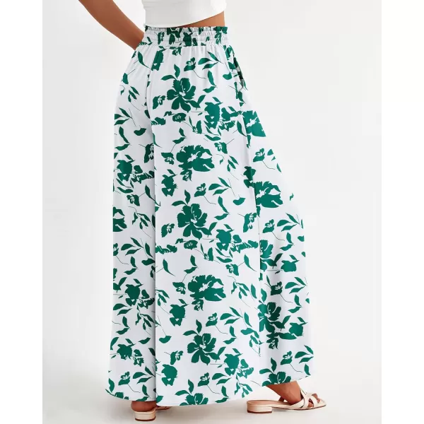 imageBTFBM Women High Waisted Wide Leg Pants Summer Casual Flowy Lounge Palazzo Pants Floral Solid Beach Trousers with PocketPrint Green