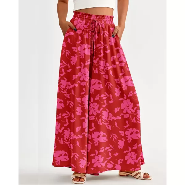 imageBTFBM Women High Waisted Wide Leg Pants Summer Casual Flowy Lounge Palazzo Pants Floral Solid Beach Trousers with PocketPrint Red
