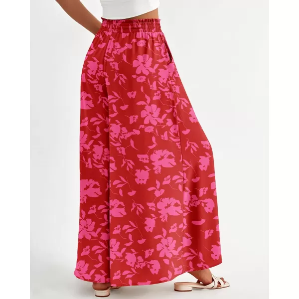 imageBTFBM Women High Waisted Wide Leg Pants Summer Casual Flowy Lounge Palazzo Pants Floral Solid Beach Trousers with PocketPrint Red