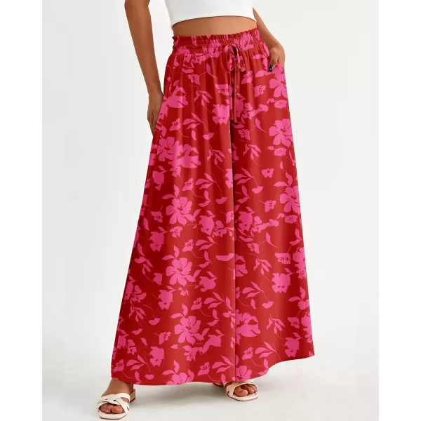 imageBTFBM Women High Waisted Wide Leg Pants Summer Casual Flowy Lounge Palazzo Pants Floral Solid Beach Trousers with PocketPrint Red