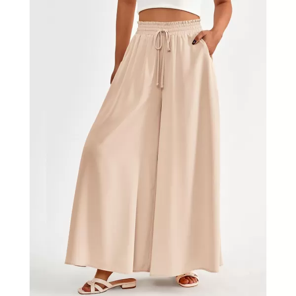 imageBTFBM Women High Waisted Wide Leg Pants Summer Casual Flowy Lounge Palazzo Pants Floral Solid Beach Trousers with PocketSolid Beige