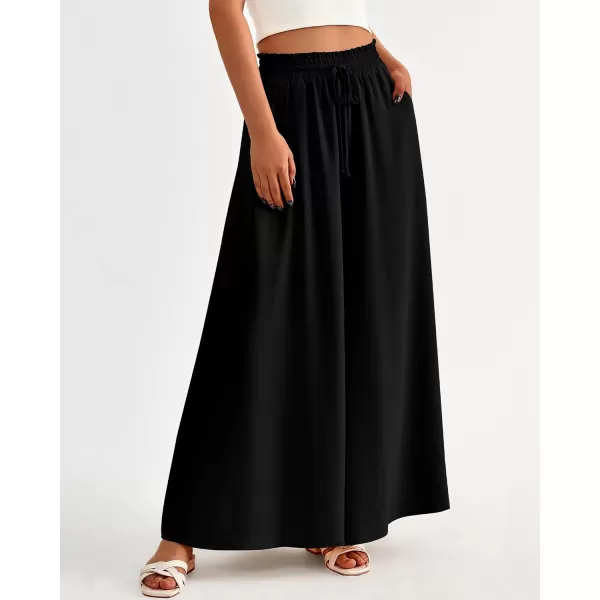 imageBTFBM Women High Waisted Wide Leg Pants Summer Casual Flowy Lounge Palazzo Pants Floral Solid Beach Trousers with PocketSolid Black
