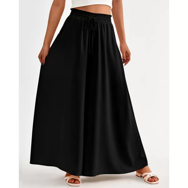 imageBTFBM Women High Waisted Wide Leg Pants Summer Casual Flowy Lounge Palazzo Pants Floral Solid Beach Trousers with PocketSolid Black
