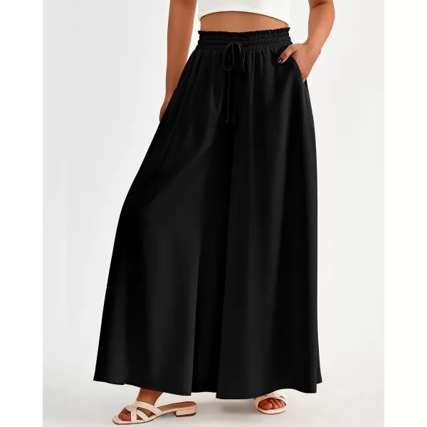 imageBTFBM Women High Waisted Wide Leg Pants Summer Casual Flowy Lounge Palazzo Pants Floral Solid Beach Trousers with PocketSolid Black
