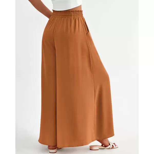 imageBTFBM Women High Waisted Wide Leg Pants Summer Casual Flowy Lounge Palazzo Pants Floral Solid Beach Trousers with PocketSolid Brown