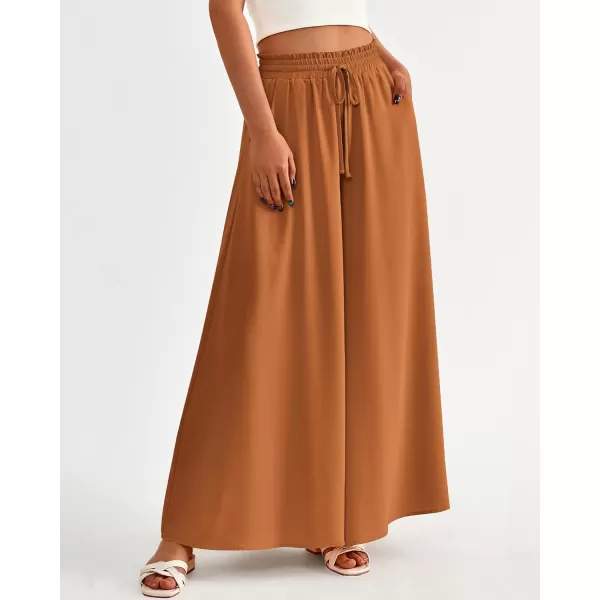 imageBTFBM Women High Waisted Wide Leg Pants Summer Casual Flowy Lounge Palazzo Pants Floral Solid Beach Trousers with PocketSolid Brown