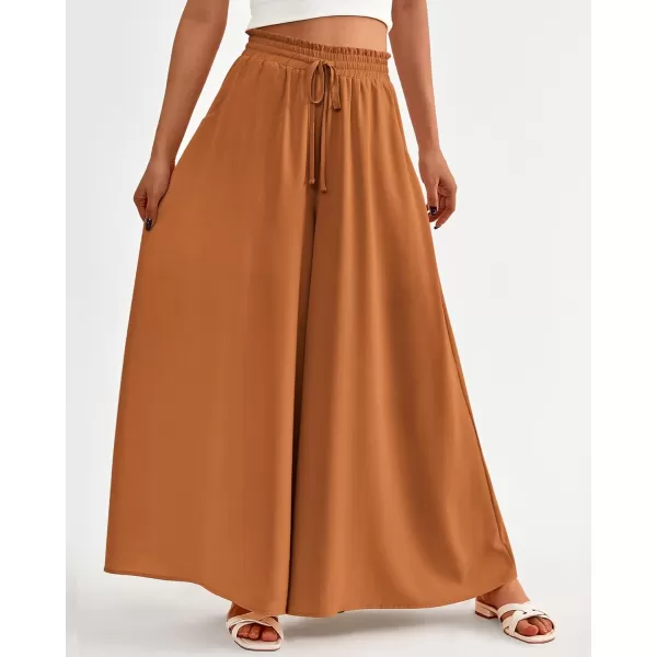 imageBTFBM Women High Waisted Wide Leg Pants Summer Casual Flowy Lounge Palazzo Pants Floral Solid Beach Trousers with PocketSolid Brown
