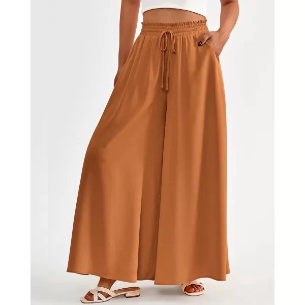 imageBTFBM Women High Waisted Wide Leg Pants Summer Casual Flowy Lounge Palazzo Pants Floral Solid Beach Trousers with PocketSolid Brown