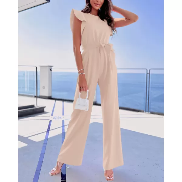 imageBTFBM Women Jumpsuits Crew Neck Ruffle Cap Sleeve Belted High Waist Wide Leg Romper with Pockets One Piece Casual OutfitsSolid Apricot