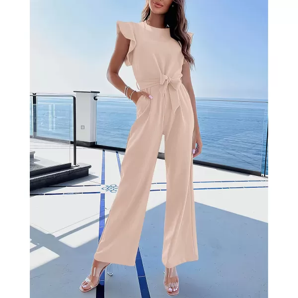 imageBTFBM Women Jumpsuits Crew Neck Ruffle Cap Sleeve Belted High Waist Wide Leg Romper with Pockets One Piece Casual OutfitsSolid Apricot