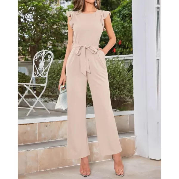 imageBTFBM Women Jumpsuits Crew Neck Ruffle Cap Sleeve Belted High Waist Wide Leg Romper with Pockets One Piece Casual OutfitsSolid Apricot