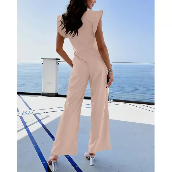 imageBTFBM Women Jumpsuits Crew Neck Ruffle Cap Sleeve Belted High Waist Wide Leg Romper with Pockets One Piece Casual OutfitsSolid Apricot